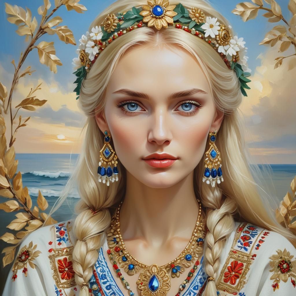 Portrait of a Gorgeous Blonde in Slavic Clothing