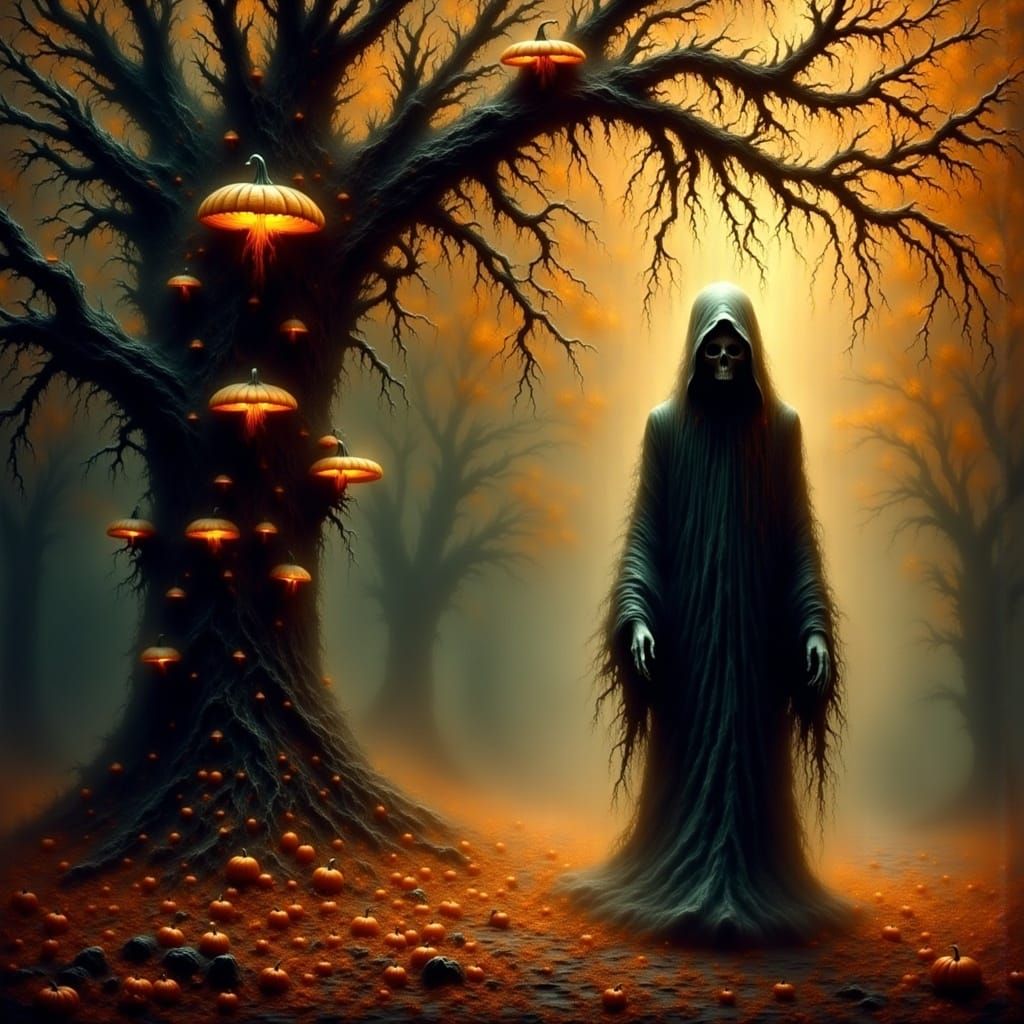 Grim Reaper in Autumn Forest at Sunset
