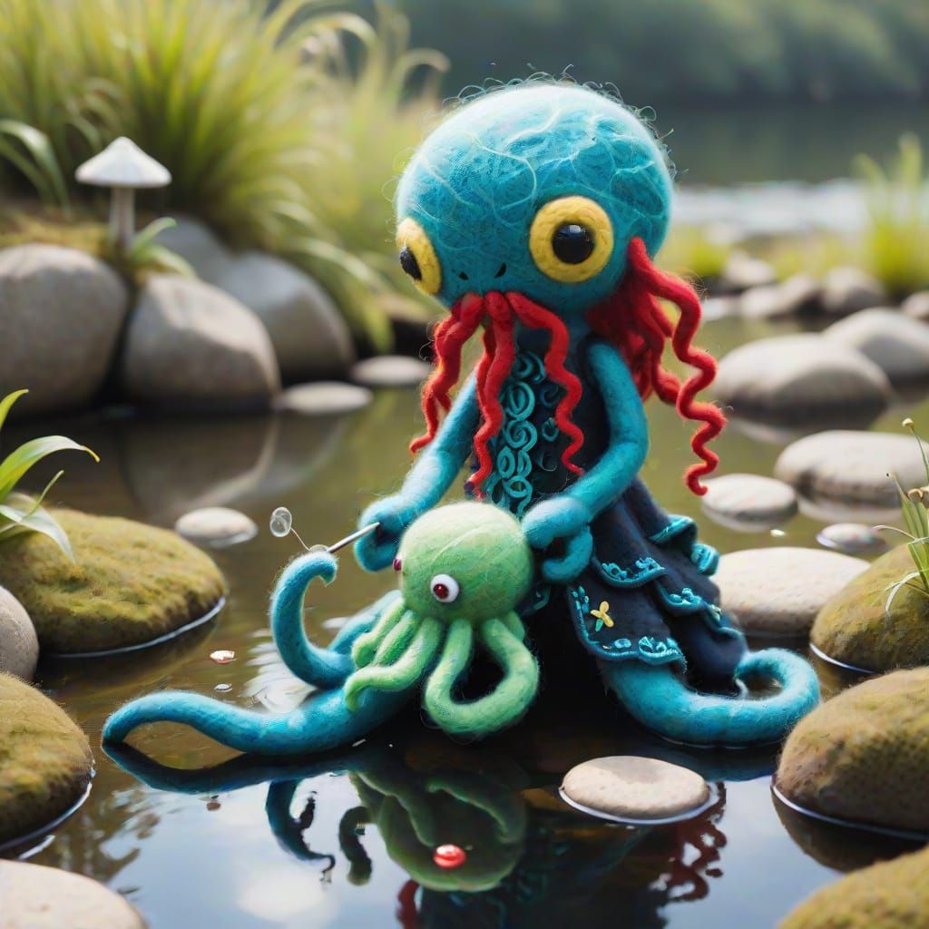 Needlefelted Lenci Doll Feeds Kraken
