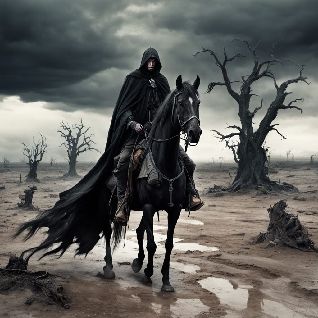 Dark Rider on Black Horse in Barren Landscape