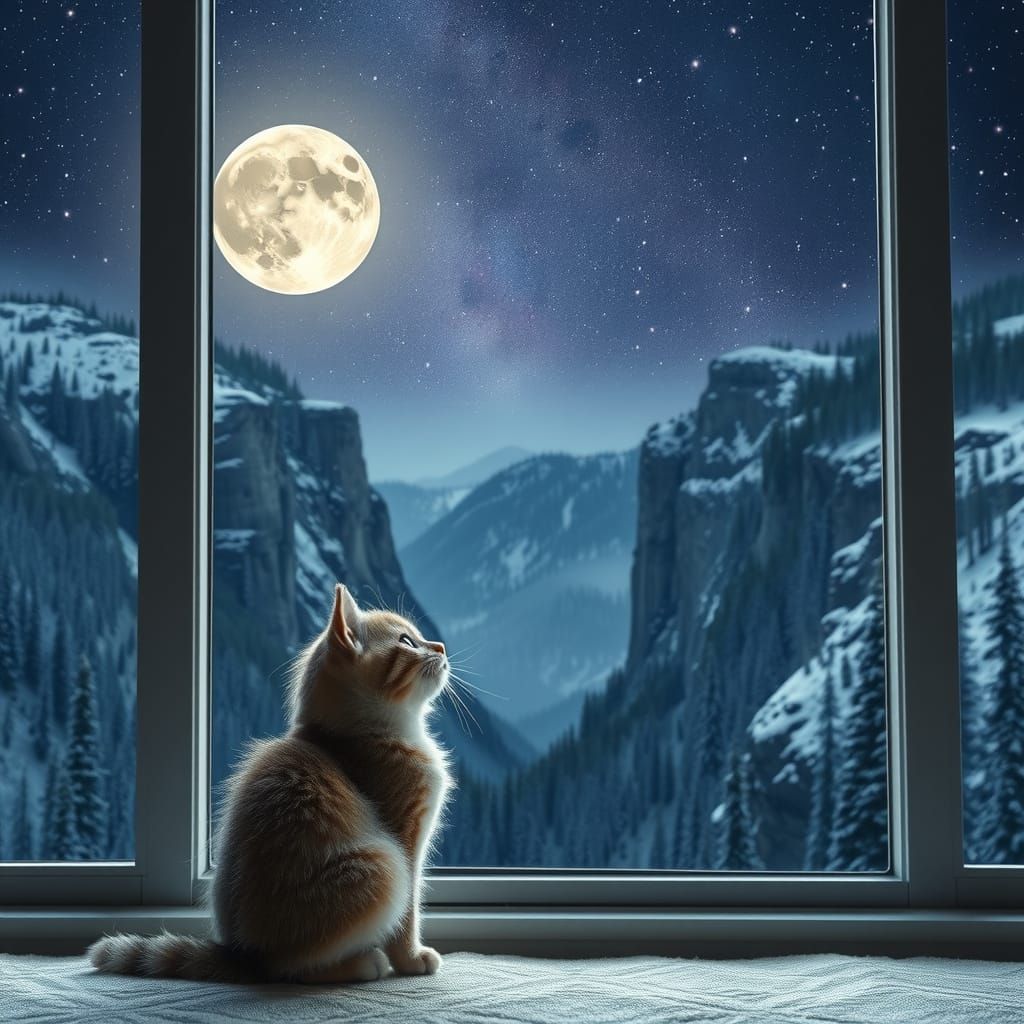Kitten Gazing Up at a Starry Mountain Canyon