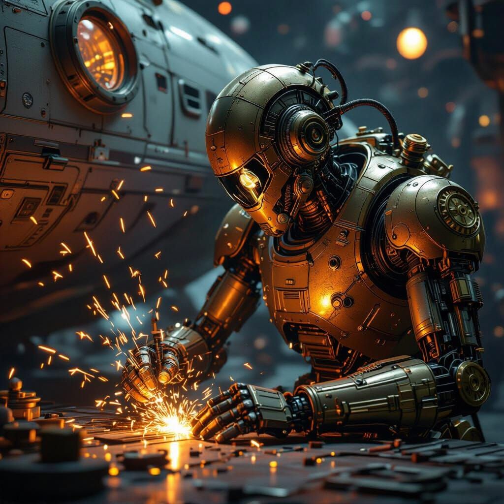 Steampunk Robot Repairs Retro Spacecraft in Dramatic Lightin...