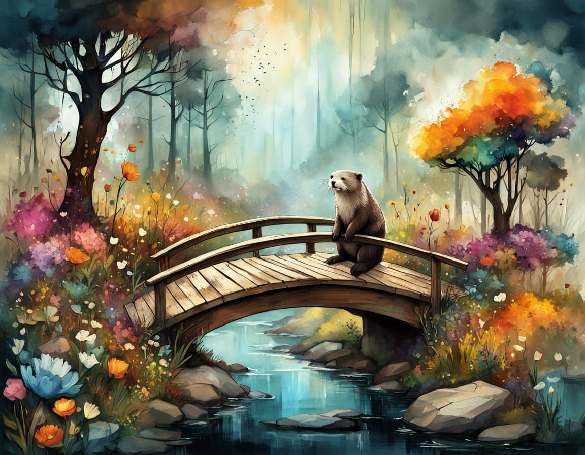Otter in Overdetailed Watercolor Flower Garden