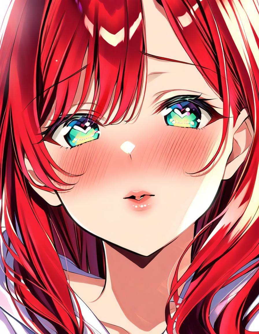 Anime Woman with Wavy Red Hair and Green Eyes