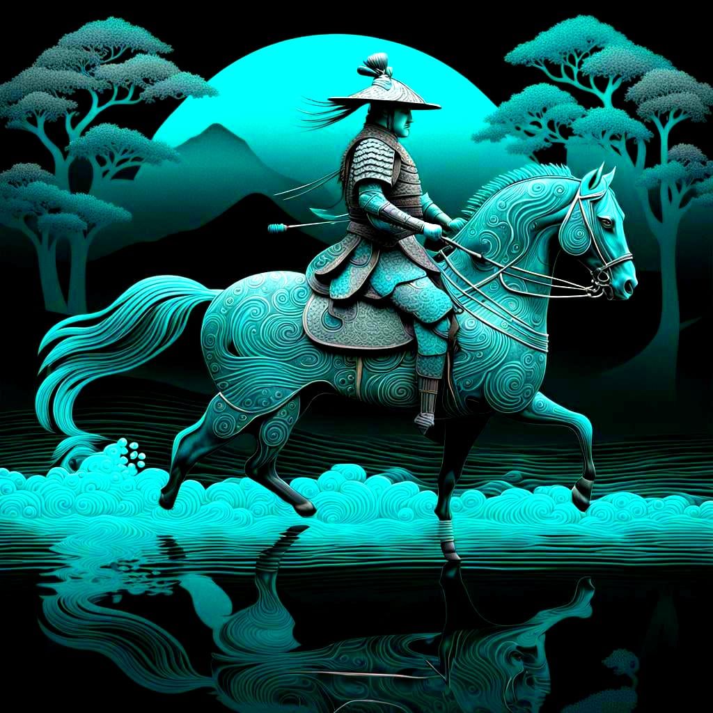 Bioluminescent Samurai on Horseback in Japanese Style