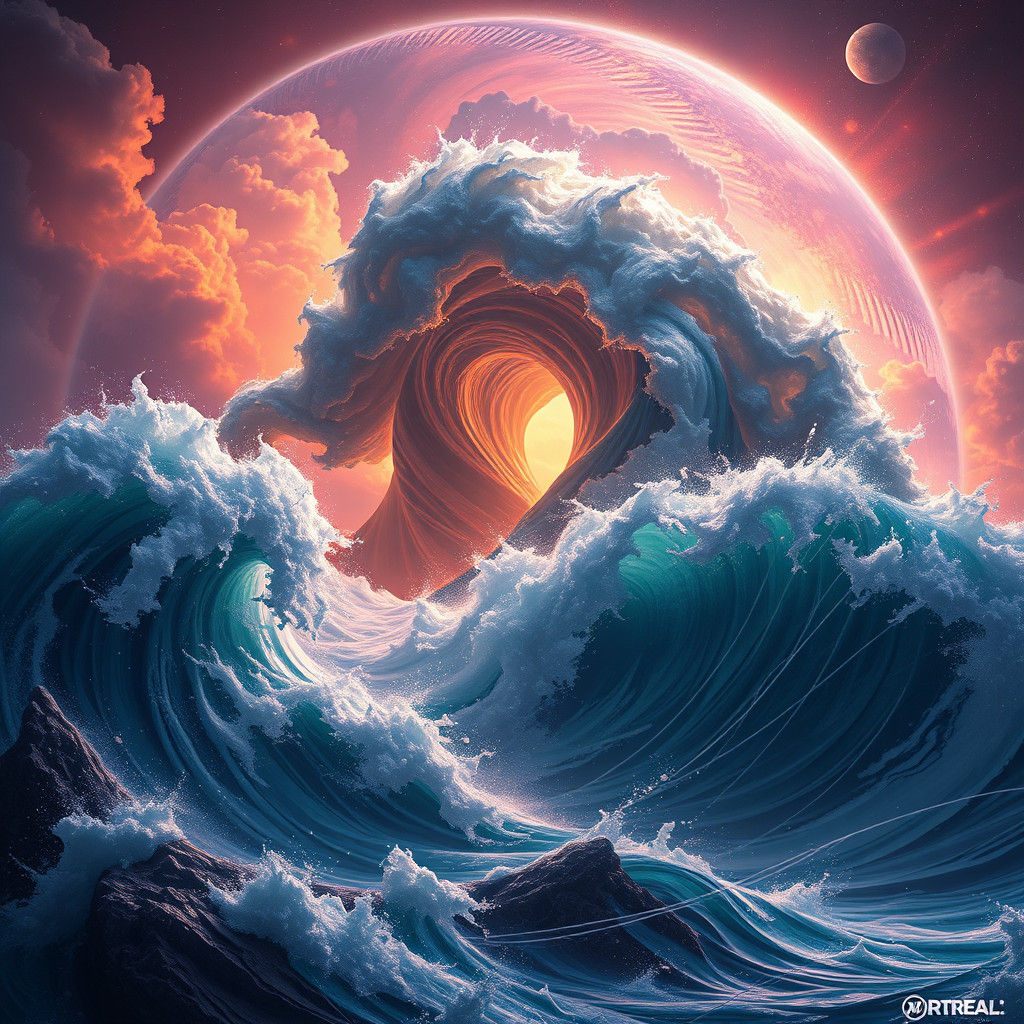 Surreal Space Landscape with Twister and Tsunami