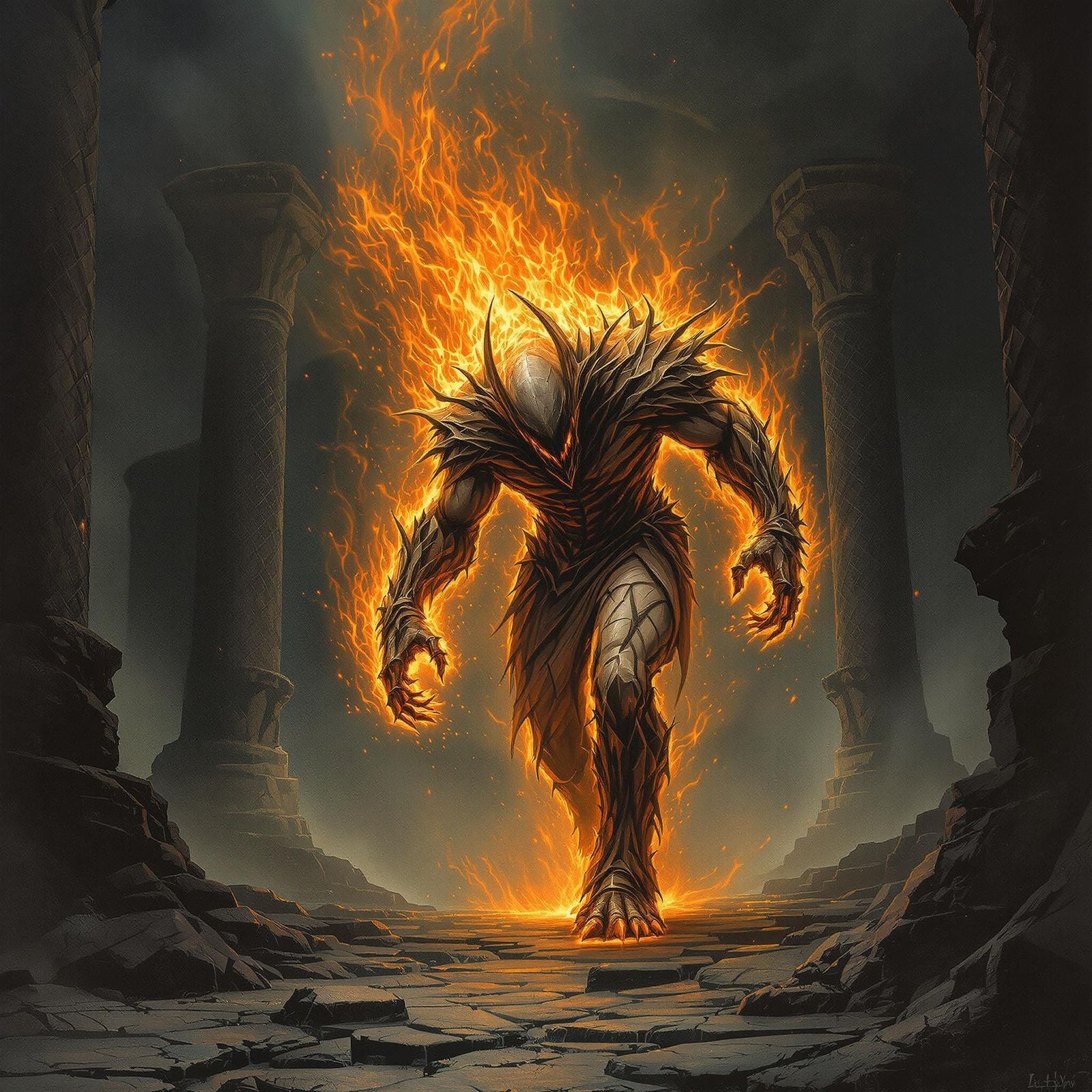 Fire Golem in Sinister Temple, a Dark Fantasy Masterpiece