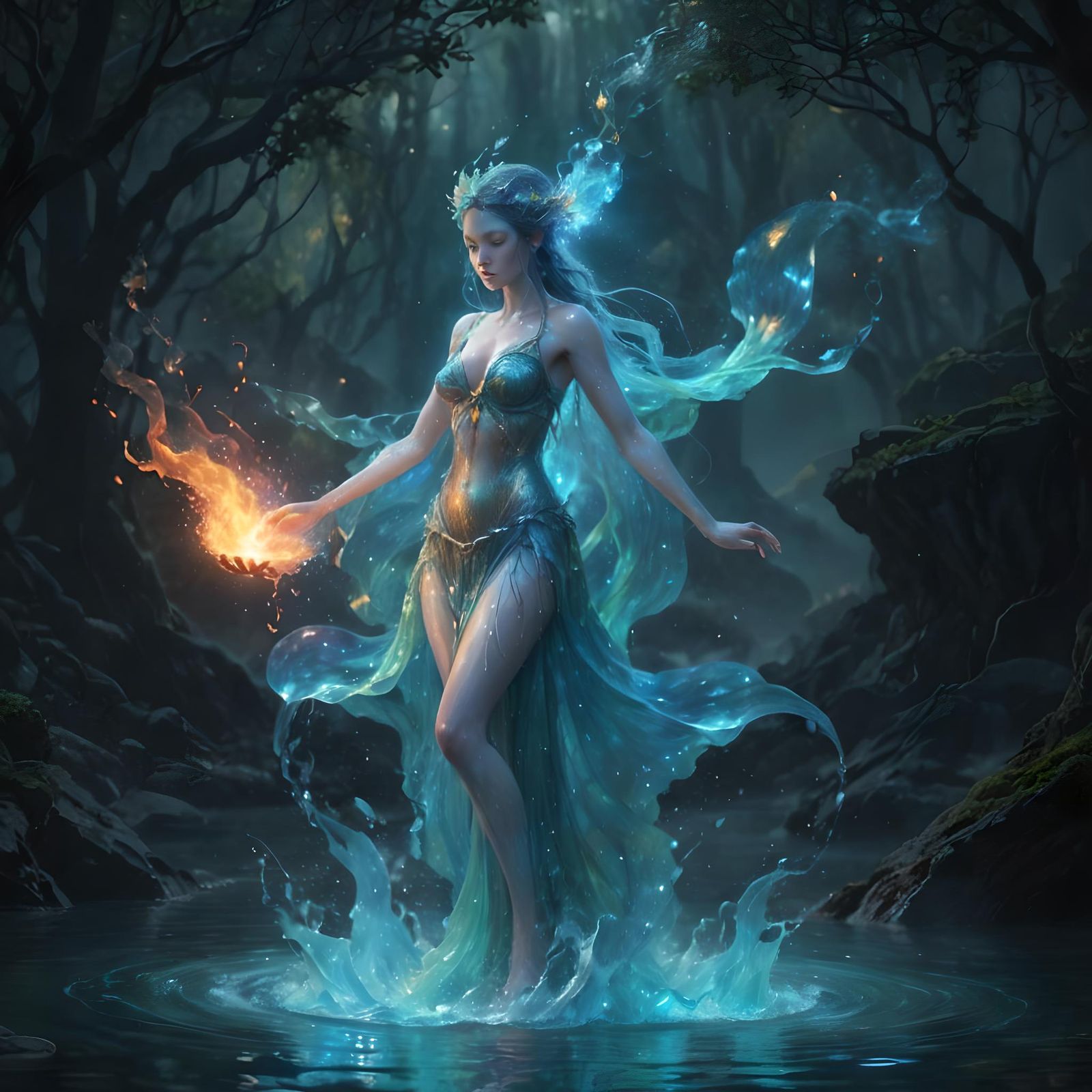 Water and Fire Nymph Practicing Elemental Magic