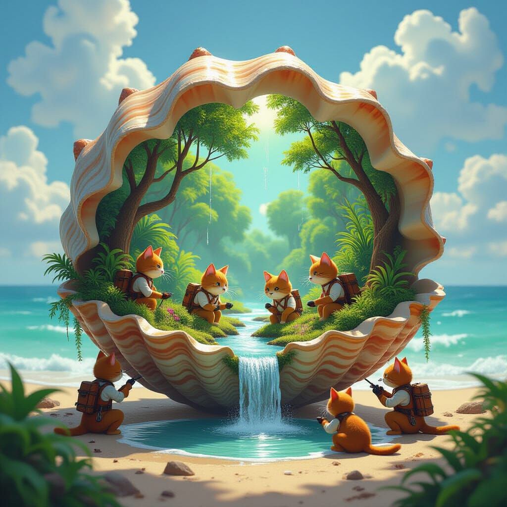 Steampunk Feline Engineers Tend Seashell Jungle