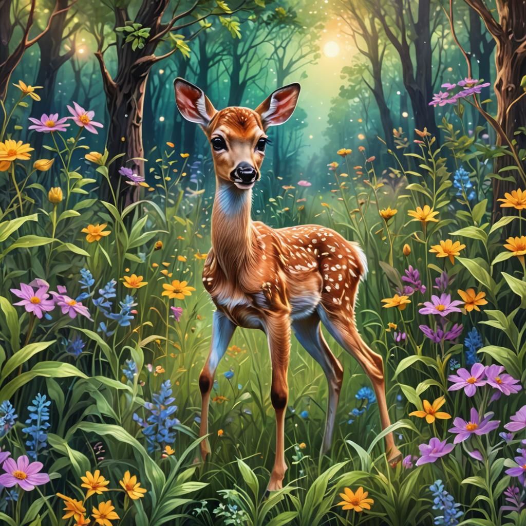 Fawn in Wildflower Meadow: Cosmic Holographic Illustration