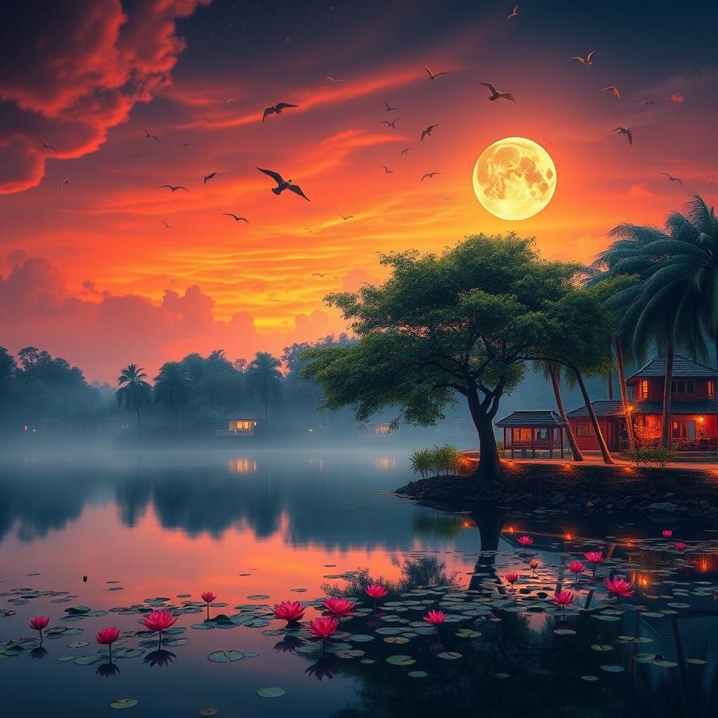 Tranquil Sunset Lake: A Dreamlike Matte Painting