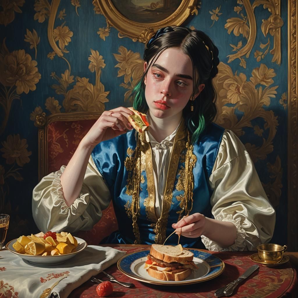 Billie Eilish Eats Sandwich in Antique Room