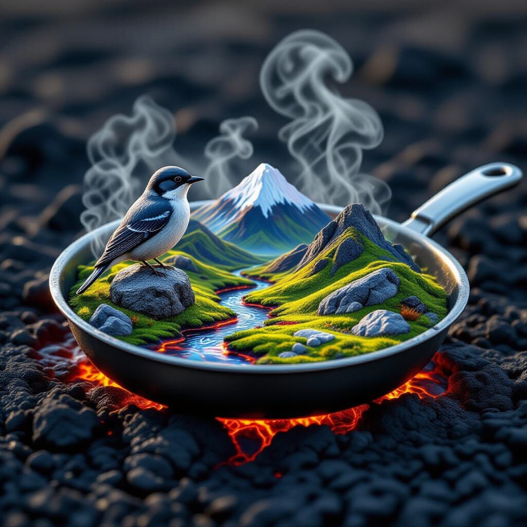 Frying Pan Landscape with Stone Bird, Spray Paint Art