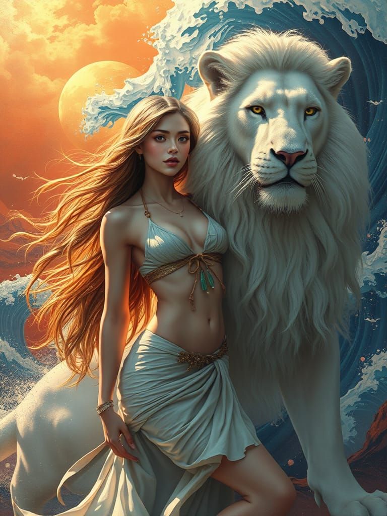 Ethereal Woman and Lion in a Fantasy Landscape