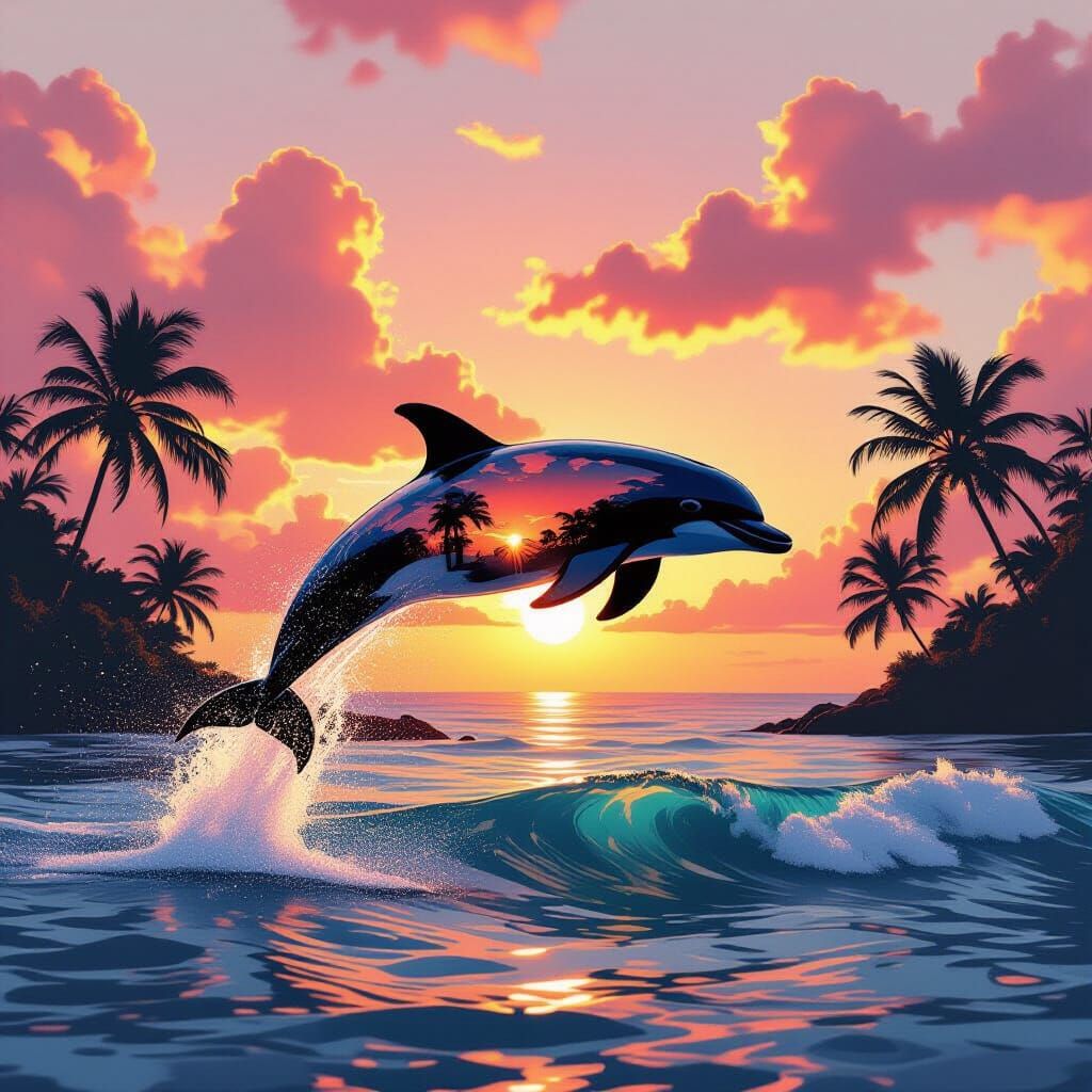 Dolphin Silhouette Leaping at Tropical Sundown