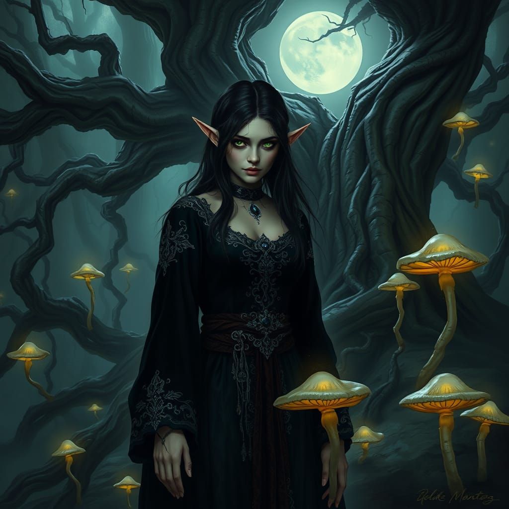 Mystical Dark Elf Goddess in an Ancient Forest