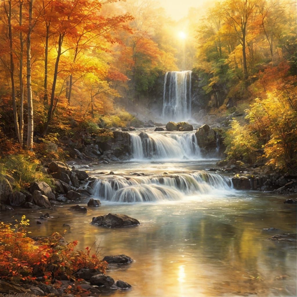 Autumn Waterfall with Rainbows in Silvery Mist