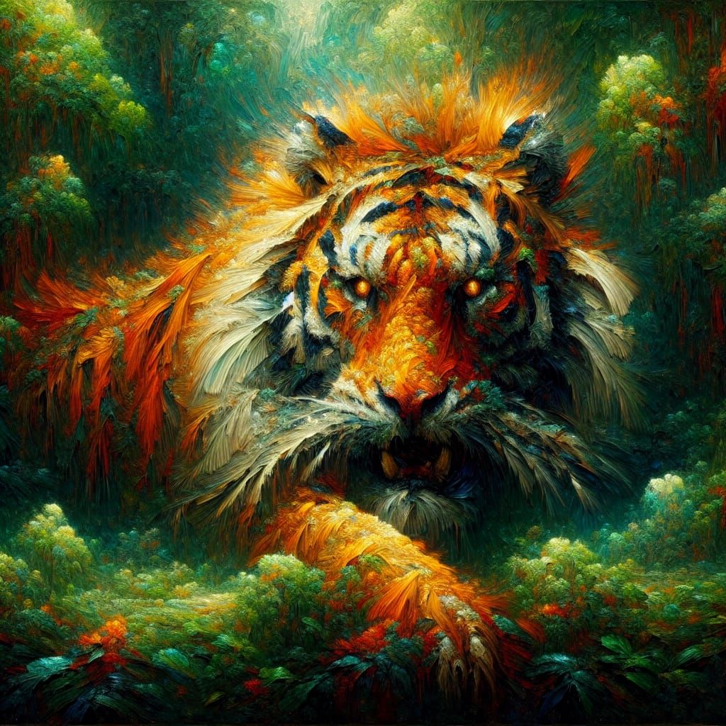 Impressionistic Tiger Emerges from Lush Jungle
