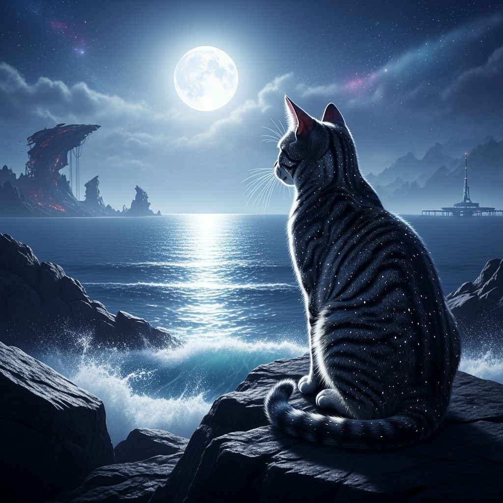 Tabby Cat Gazing at Moonlit Sea, Matte Painting