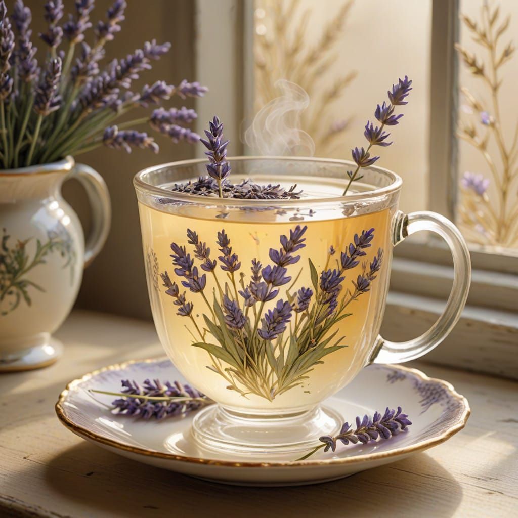 Whimsical Lavender Tea in a Delicate, Transparent Cup
