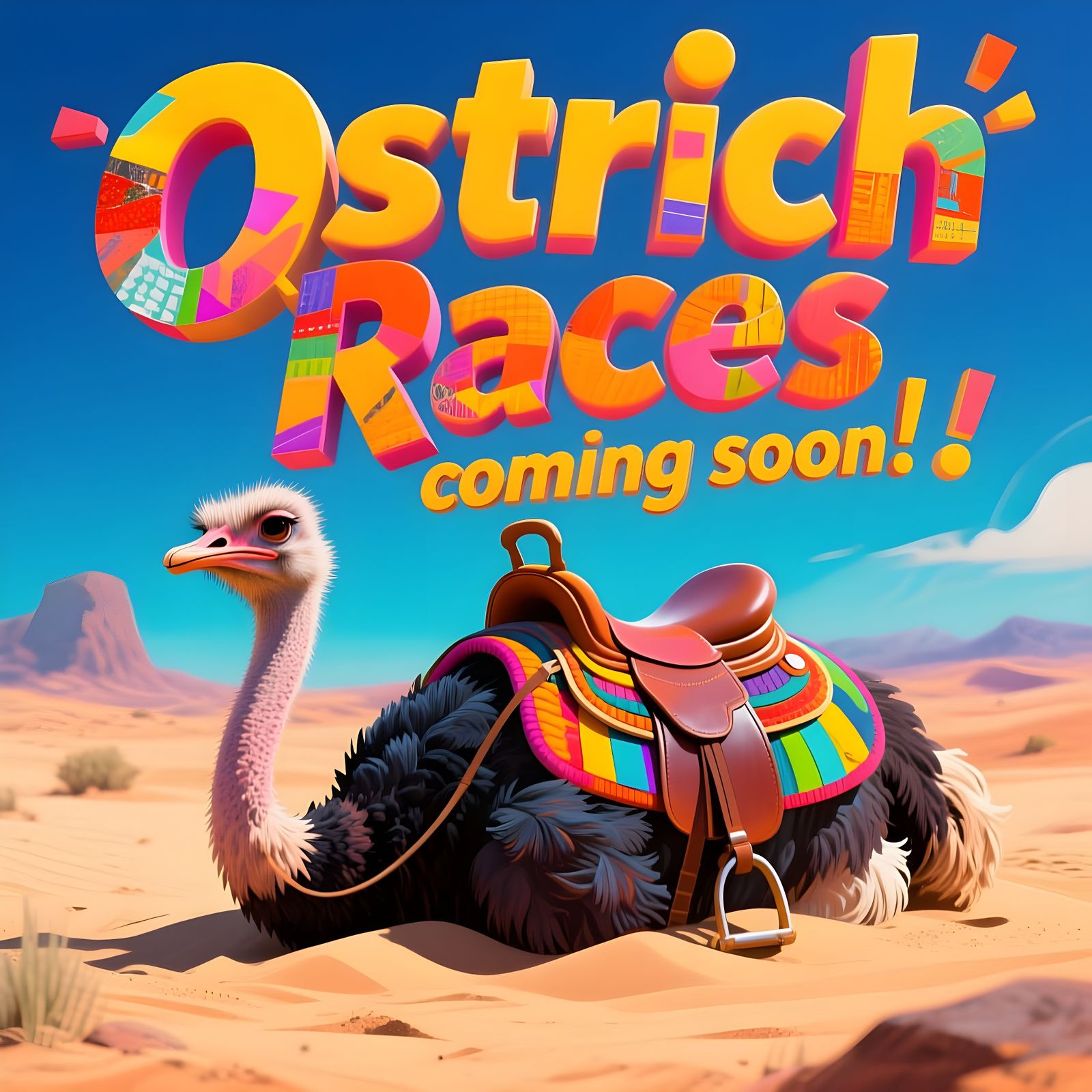 Ostrich Races Poster with Saddle-Wearing Ostrich