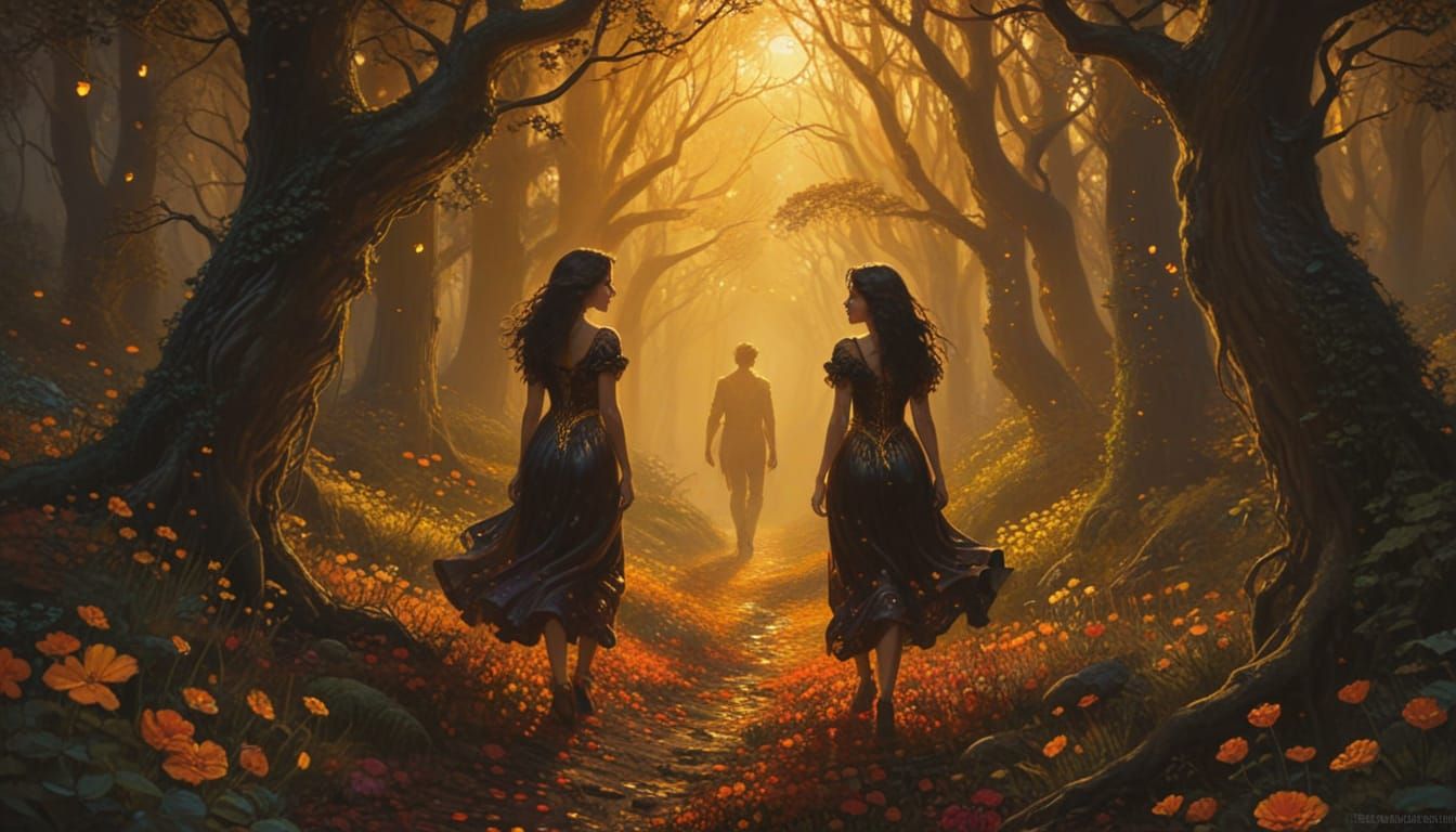 Fantasy Forest Walk: Klimt-Inspired Illustration