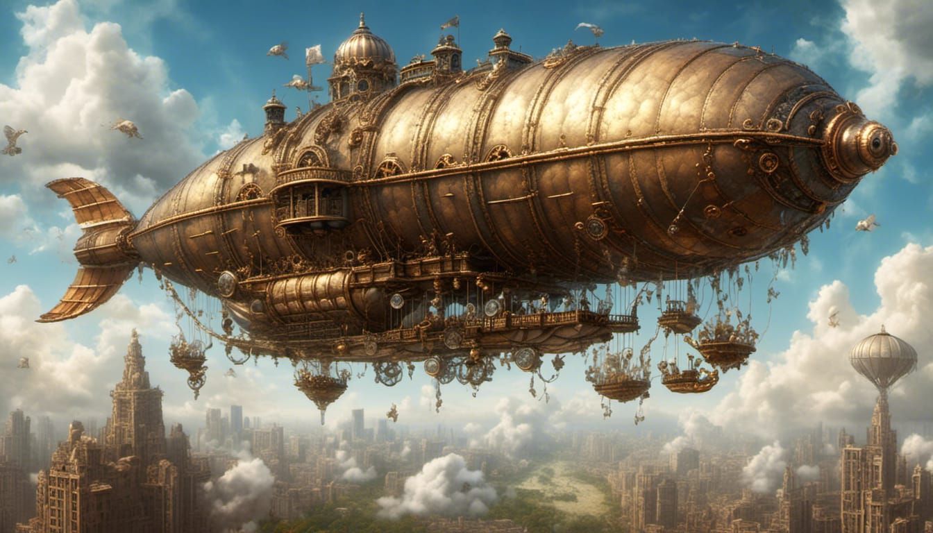 Steampunk Dirigible Among Cloud Animals
