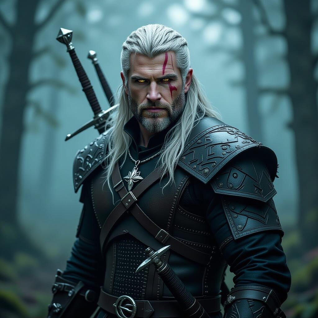 Geralt of Rivia in Dark, Misty Forest
