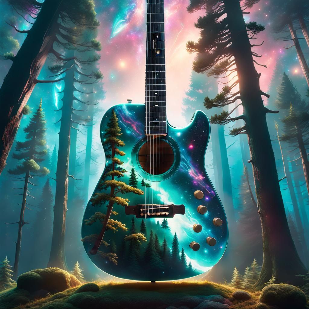 Intricate Guitar Filled with Galaxy and Forest