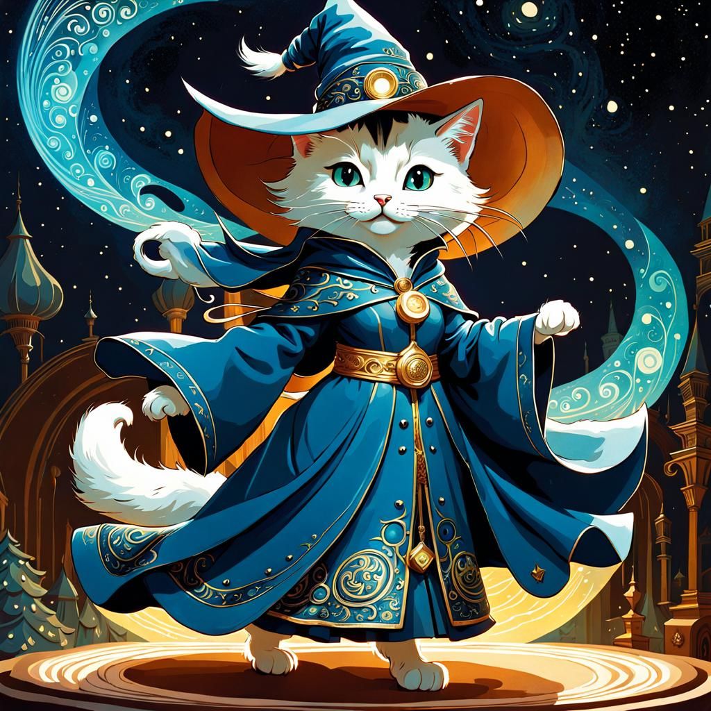 Dynamic Cat Wizard Conjuring Energy