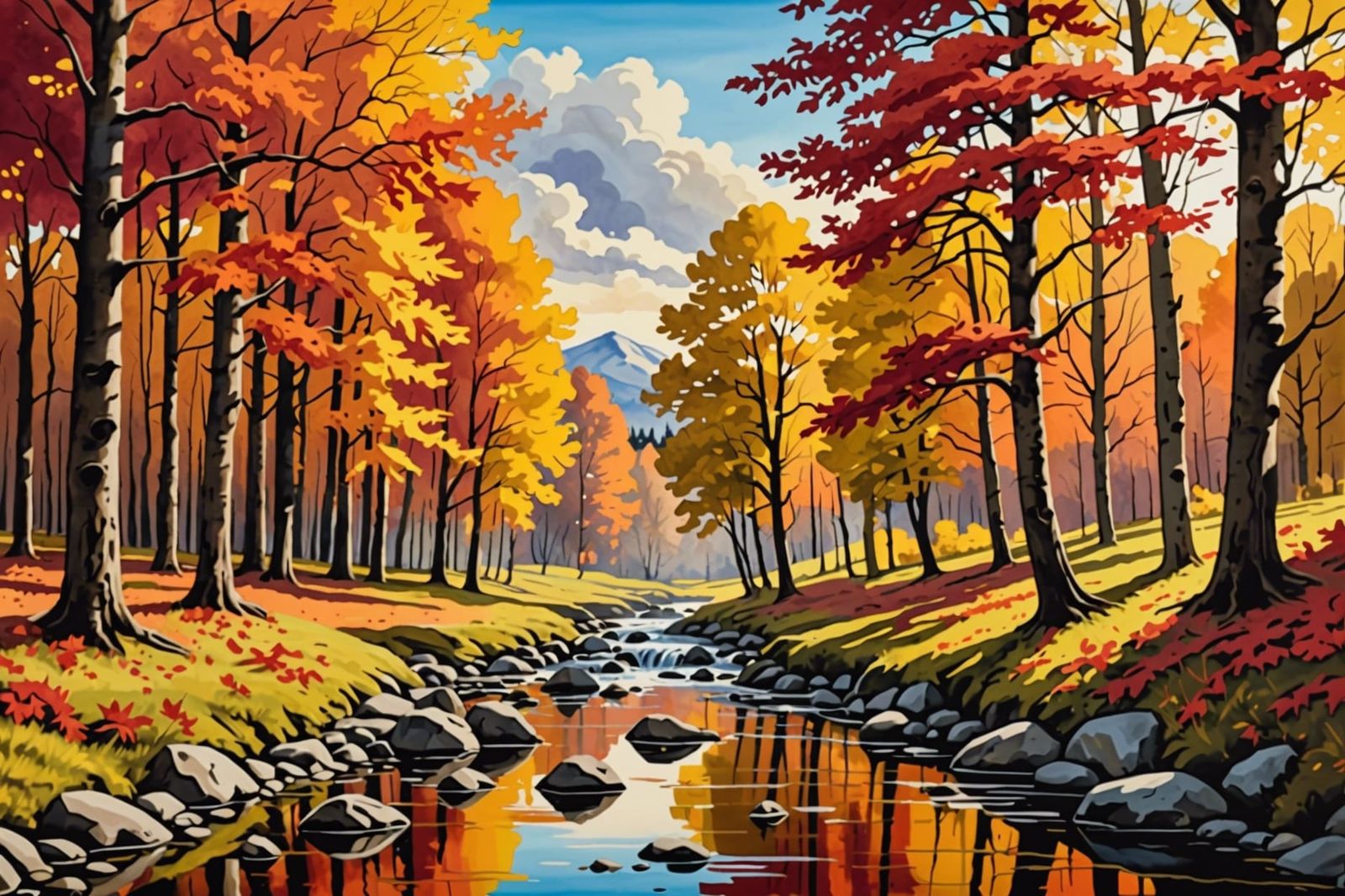 Golden Autumn Forest Creek Landscape in Oil
