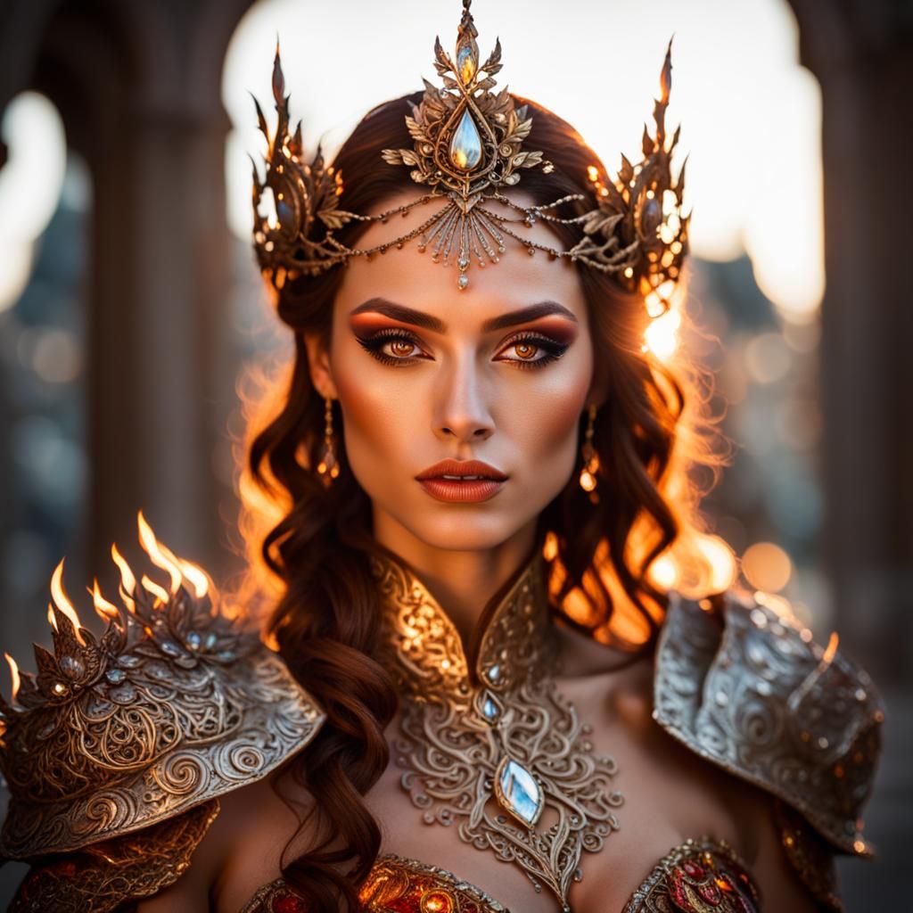 Fiery Princess Portrait with Intricate Flame Dress