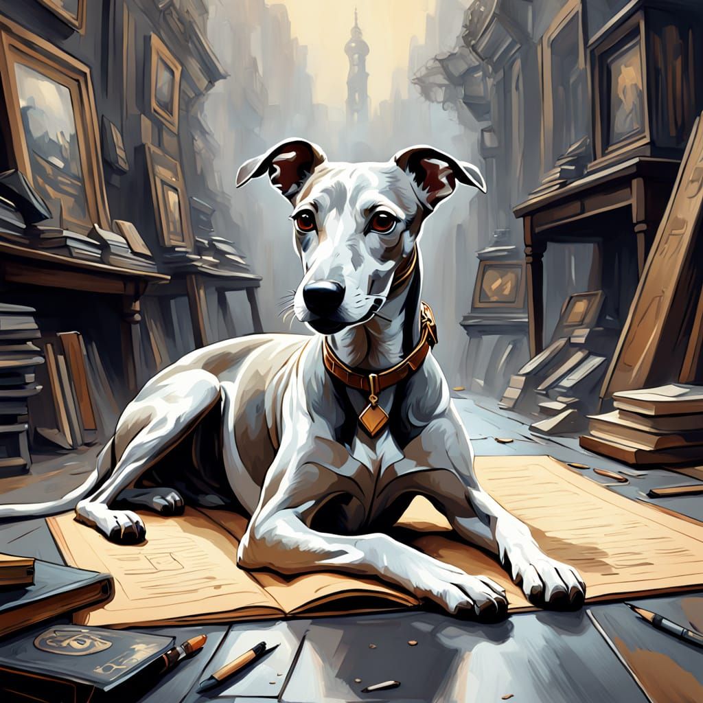 Whippet on Book in Maximalist Impressionist Style