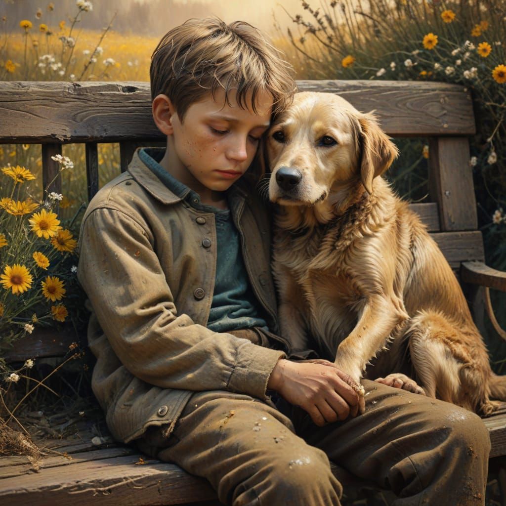 Boy and Dog Embrace: Impressionist Oil Painting