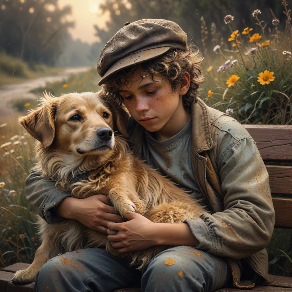 Boy and Dog: Whimsical Oil Painting