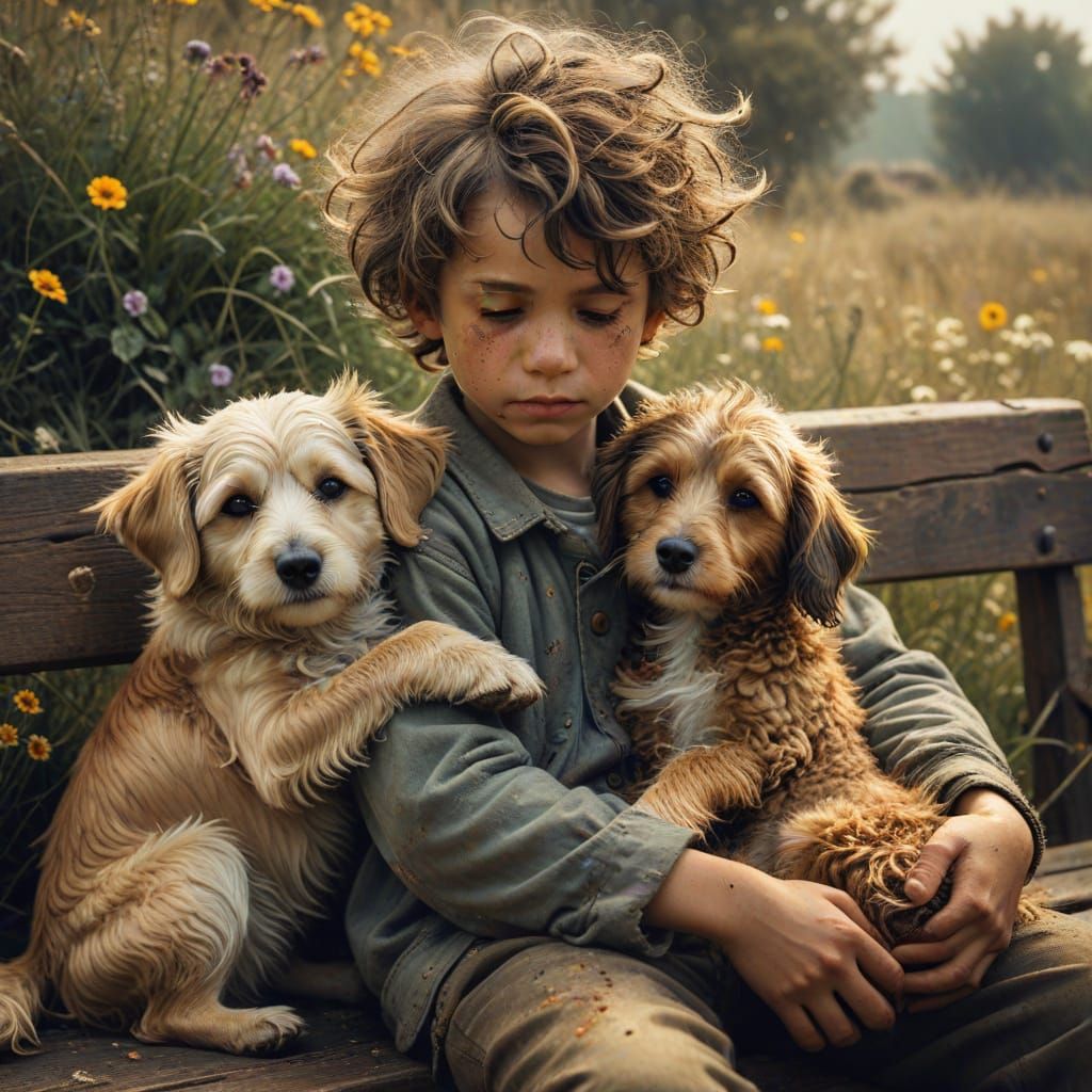 Boy and Dog Embrace in Nostalgic Oil Painting