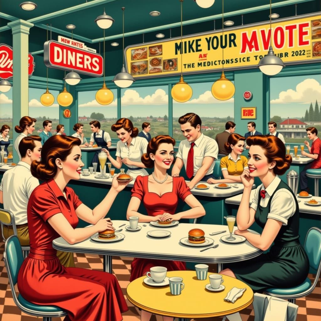 1950s Diner Scene Retro Illustration in Mid-Century Style