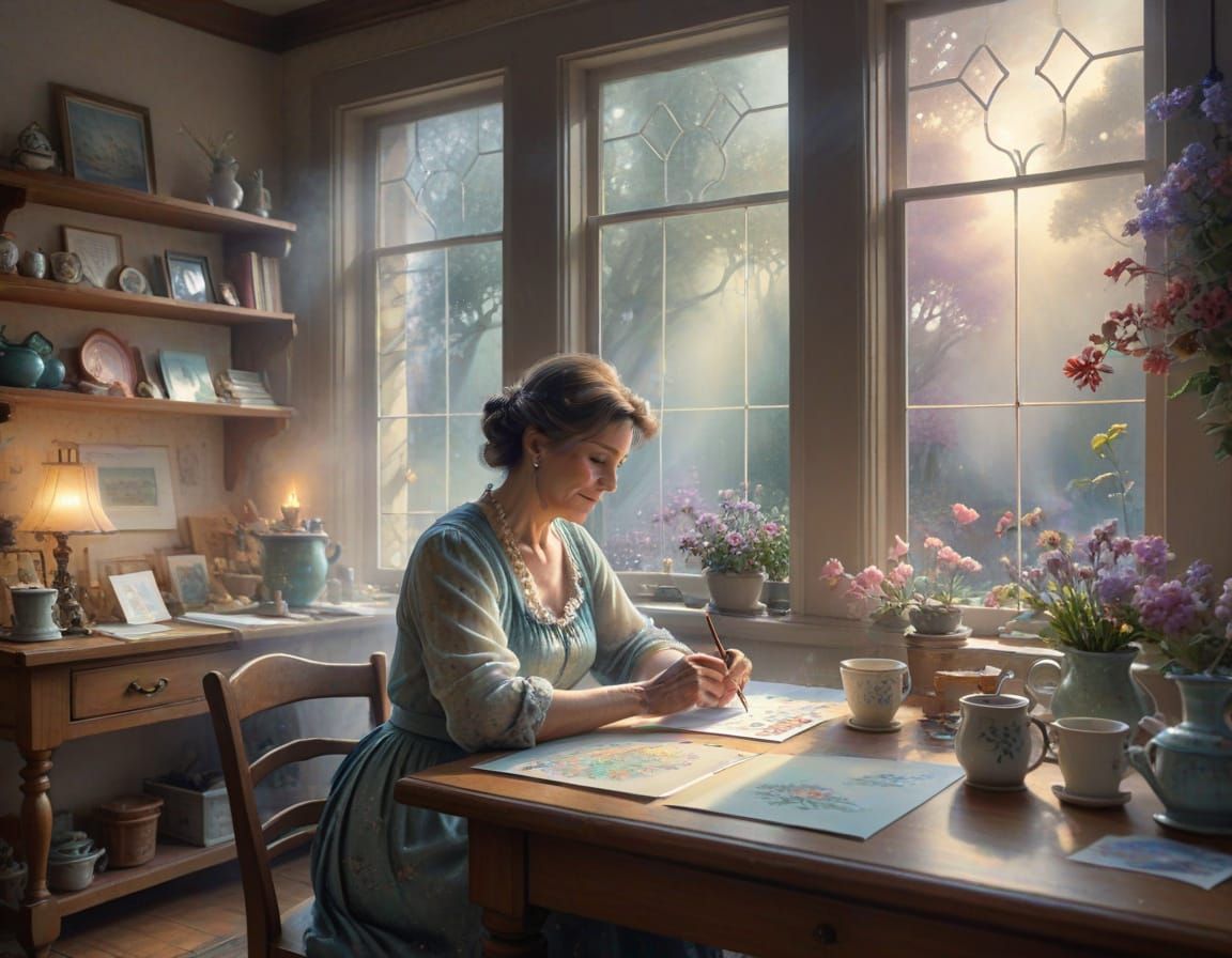Woman Crafting Cards in a Gentle, Ethereal Studio