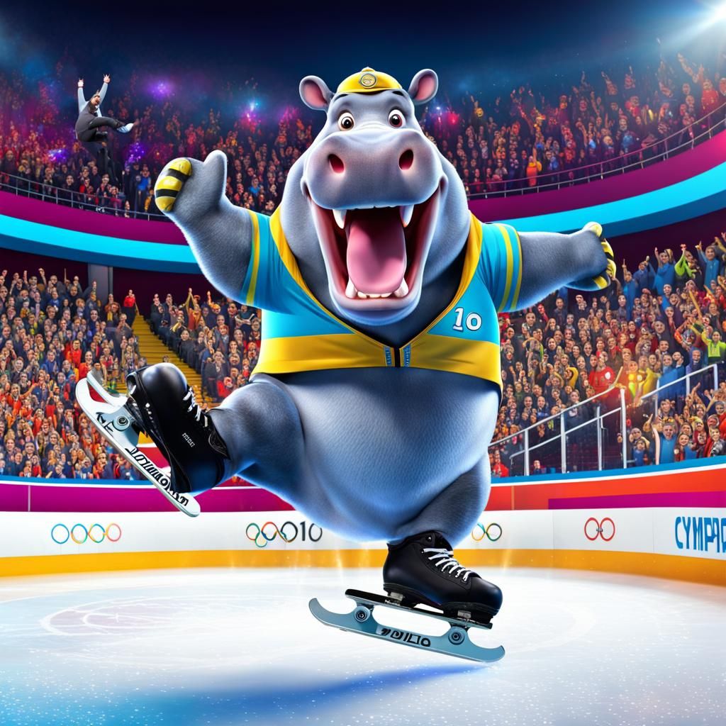 Hippo Ice Skater Scores Perfect 10: 3D Digital Art