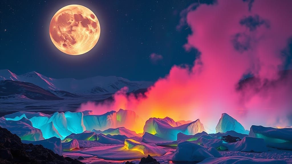 Glowing Cosmic Glaciers in Vibrant, Neon-Lit Splendor