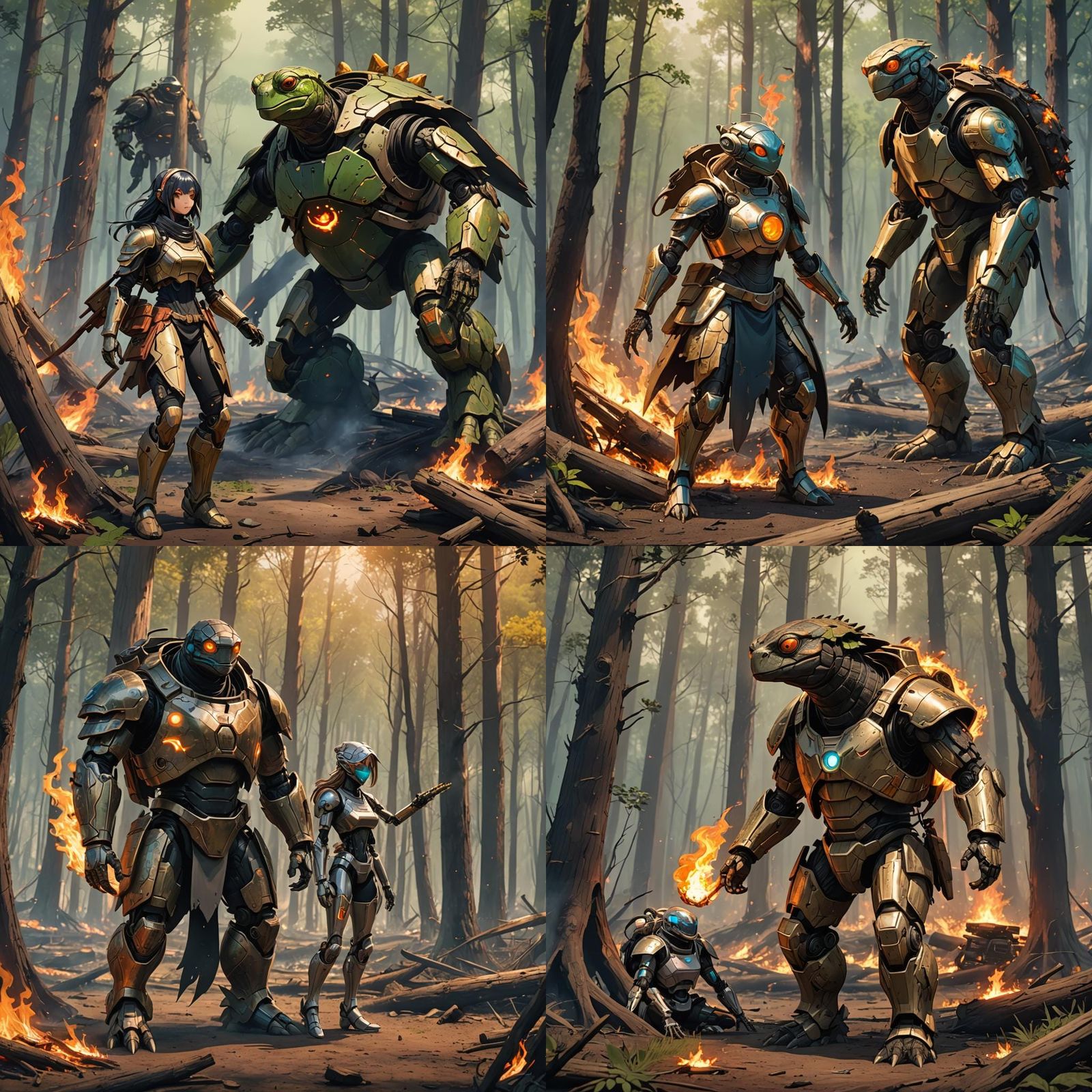 Turtle Druid and Robot Girl in Anime Style