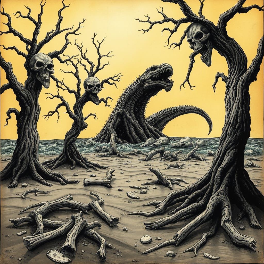 Macabre Beach Sentinels in Dark Gothic Style