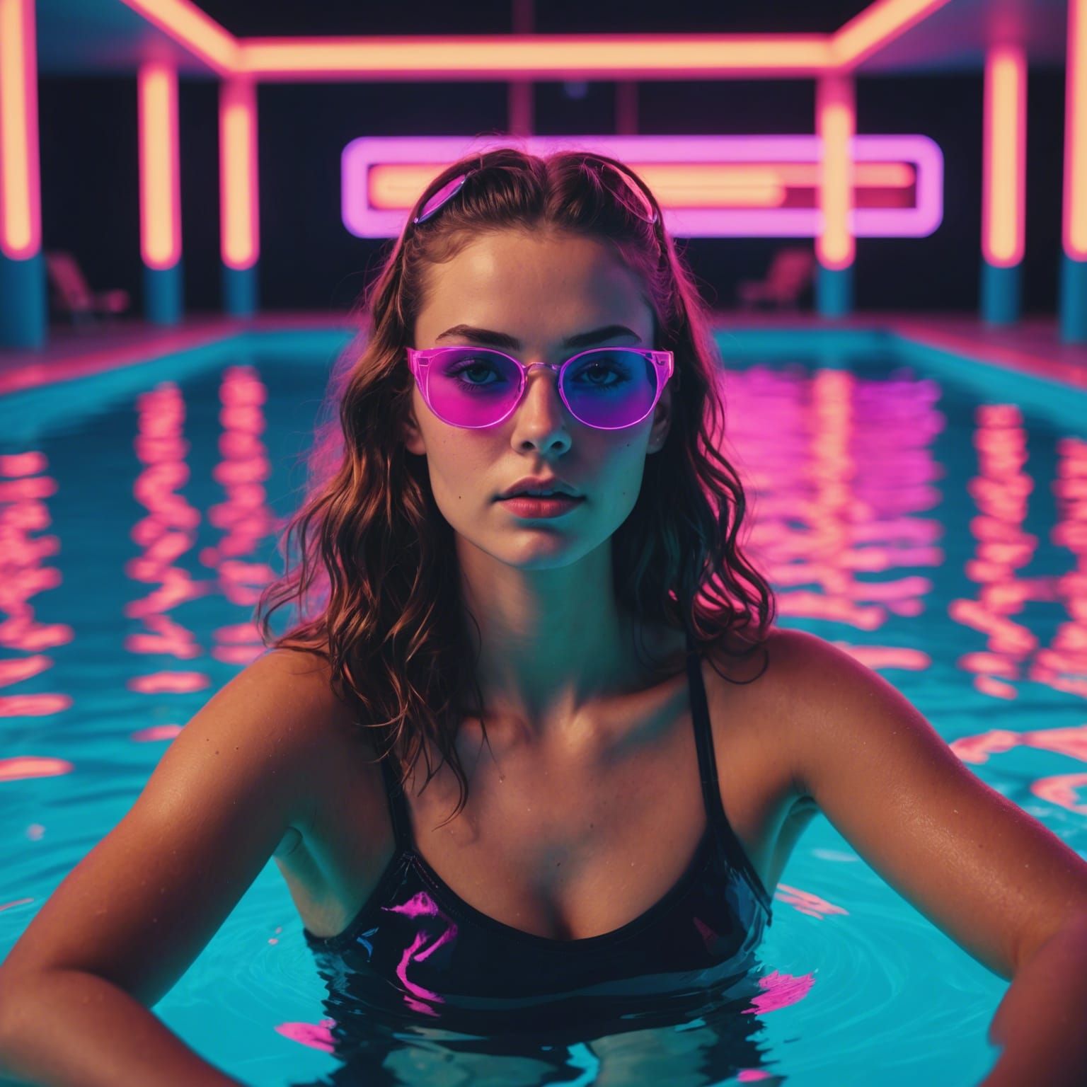 Synthwave Woman Relaxing in Neon Pool