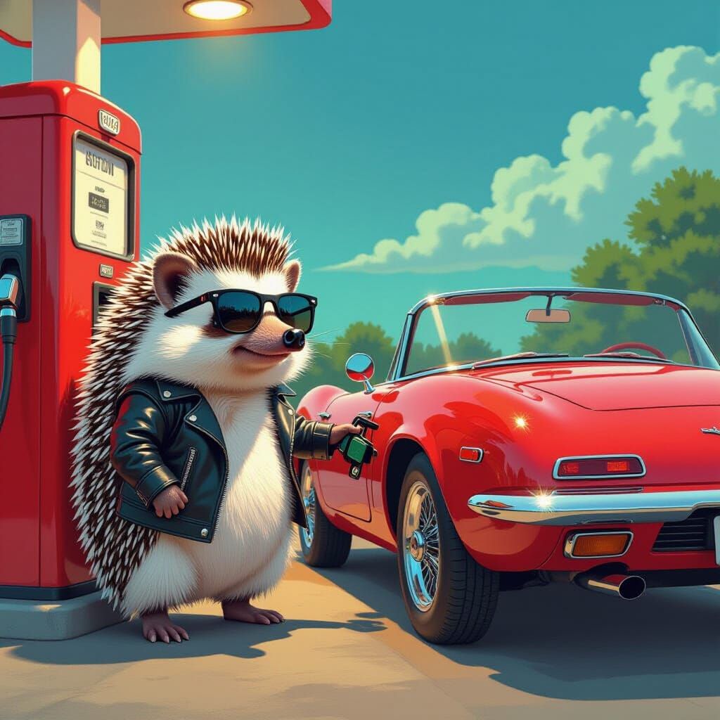 Hedgehog Fuels Red Convertible: Retro-Futuristic Digital Art