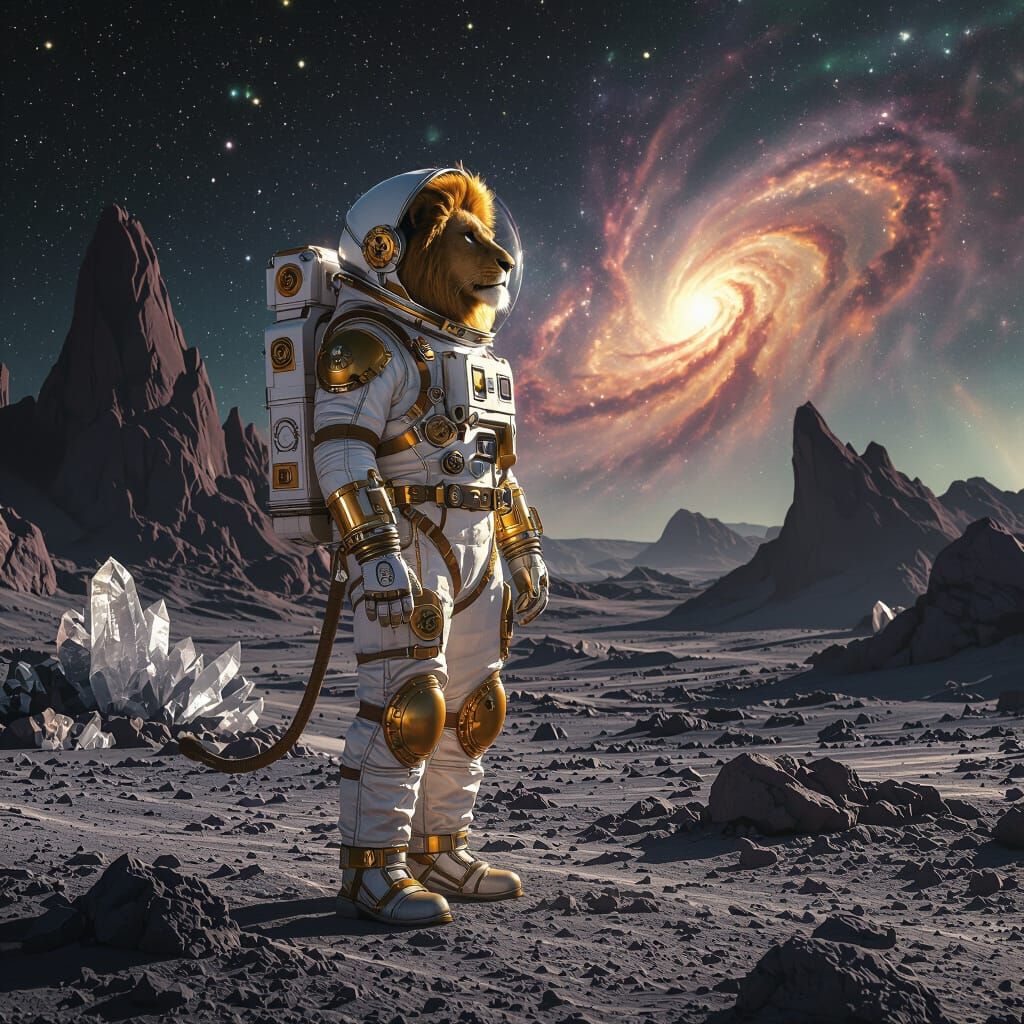 Lion Astronaut in Steampunk Spacesuit Gazing at Nebula
