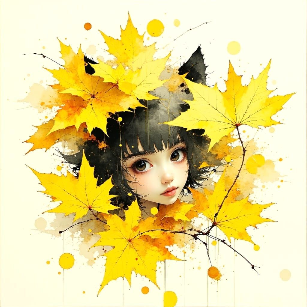 Playful Kikimora Peering Through Autumn Leaves in Watercolor...