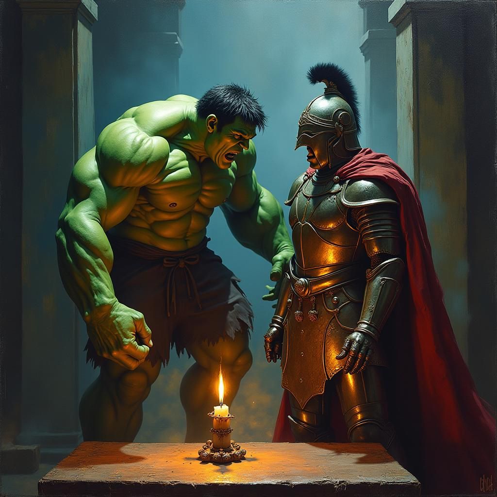 Hulk Confronts General: Rubens-Inspired Oil Painting