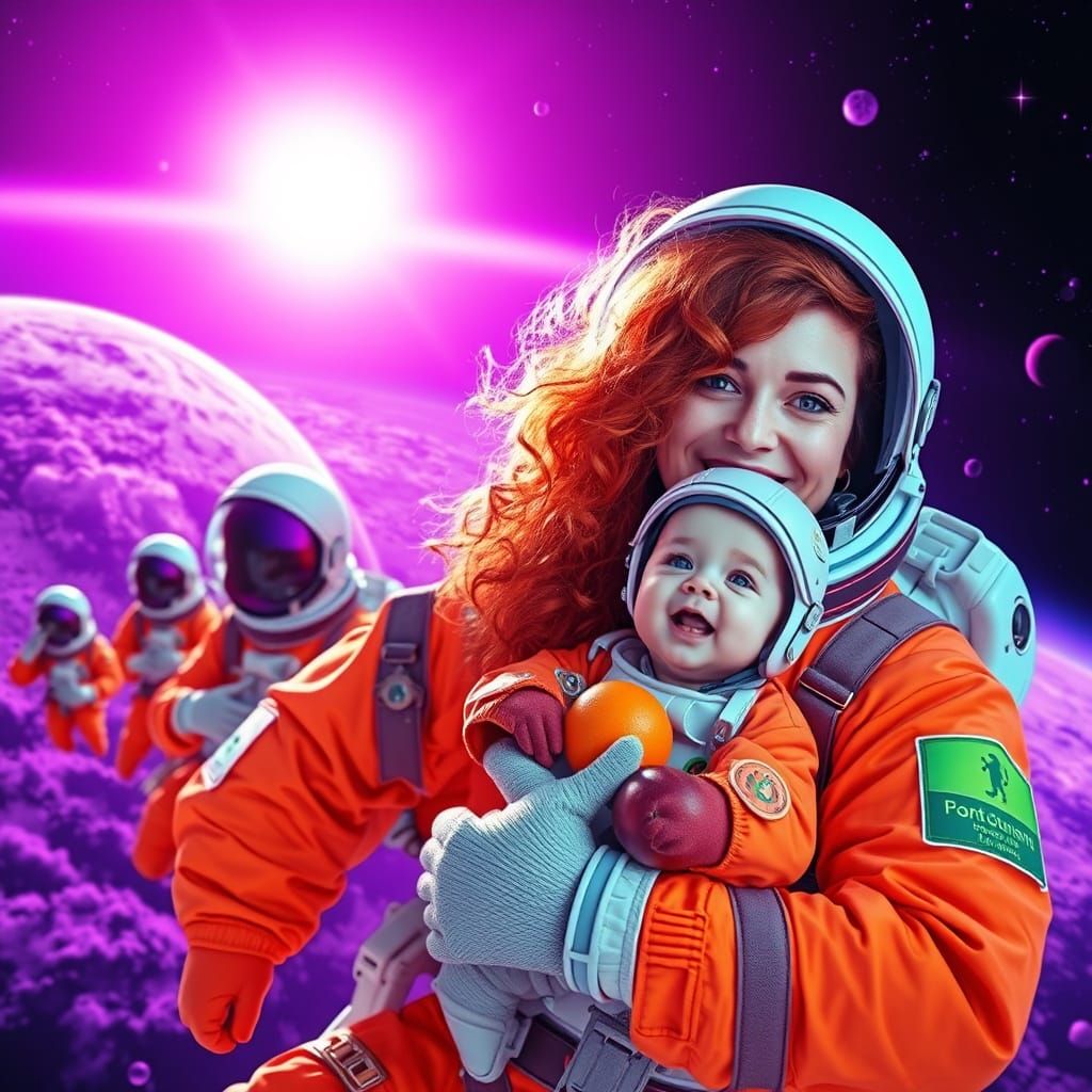 Surreal Space Scene with Astronauts in Vibrant Purple Hues