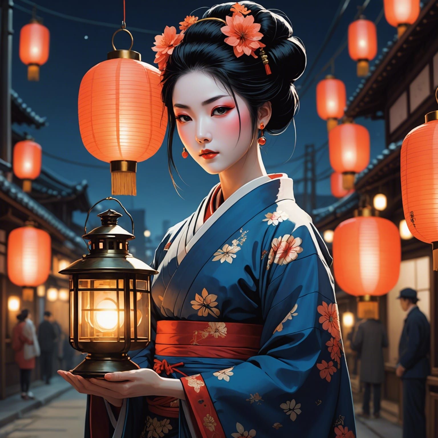 Lantern Geisha in Anime Style Illustration