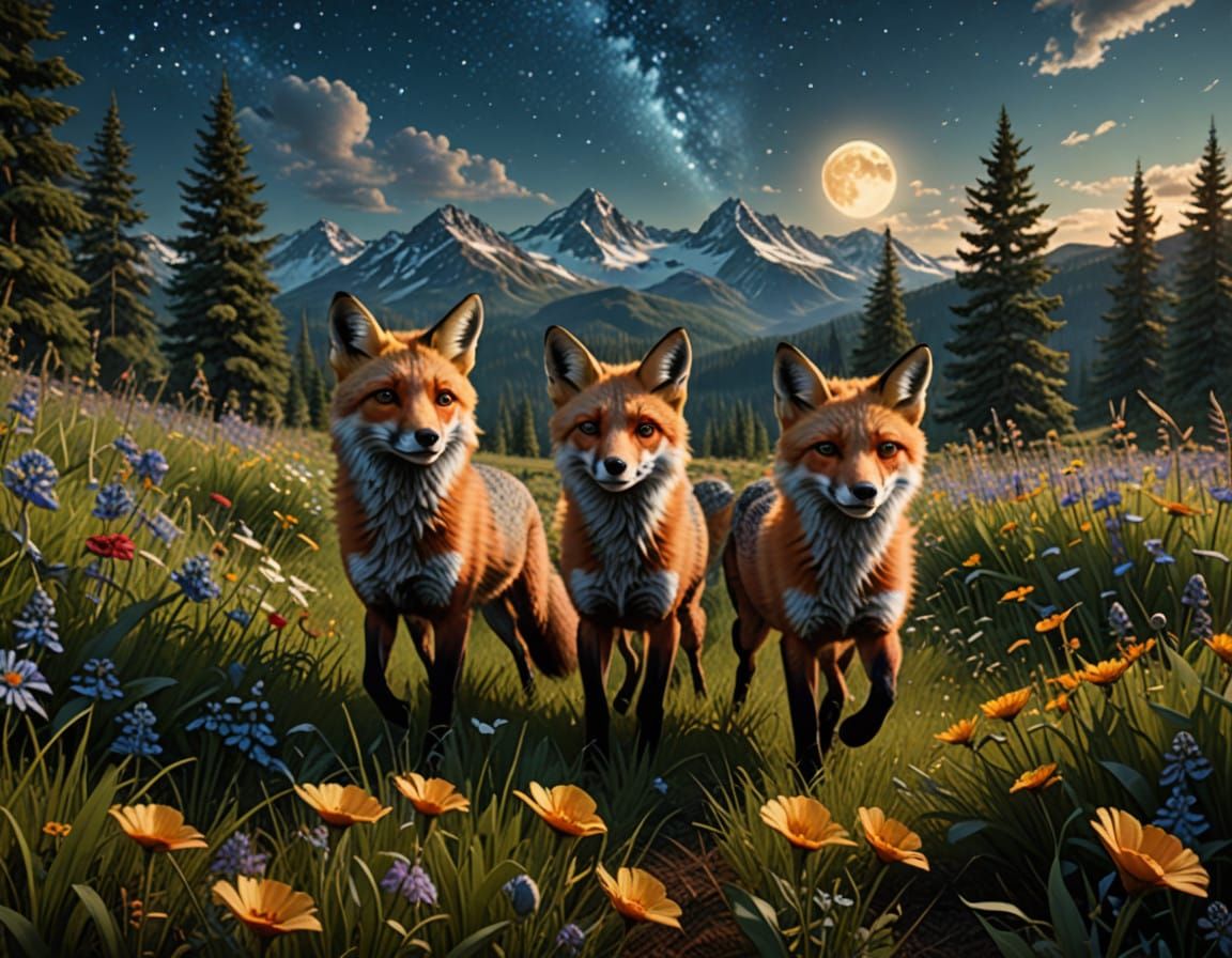 Moonlit Foxes in Vibrant Meadow